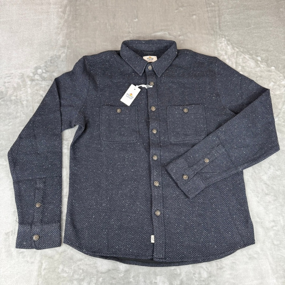 Marine Layer Pacifica Stretch Twill Shirt Mens Medium Black Herringbone $148 NWT